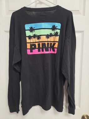 PINK Victoria's Secret Black Long-Sleeve Tee with Neon Sunset Graphic